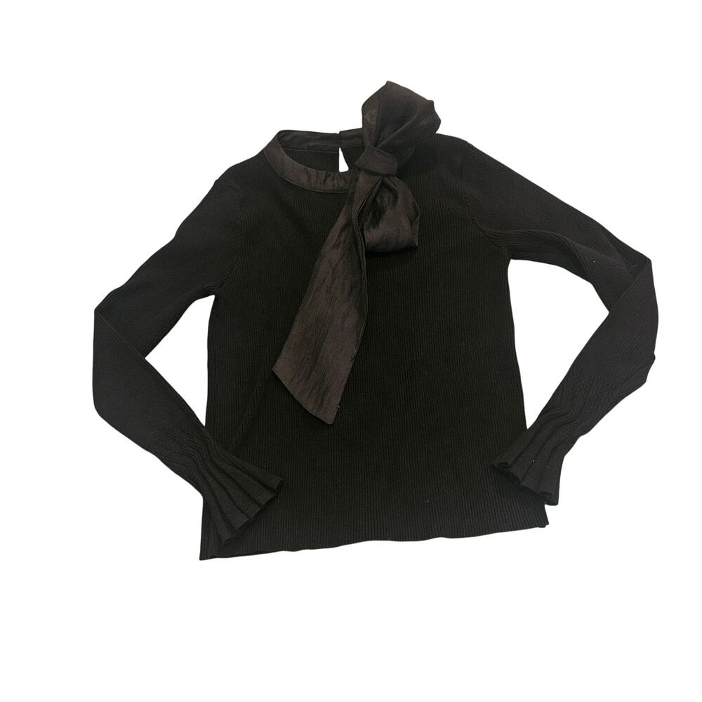 Chicwish Black Ribbed Knit Sweater Top Bow Neck Tie Flare Sleeve Women’s Small